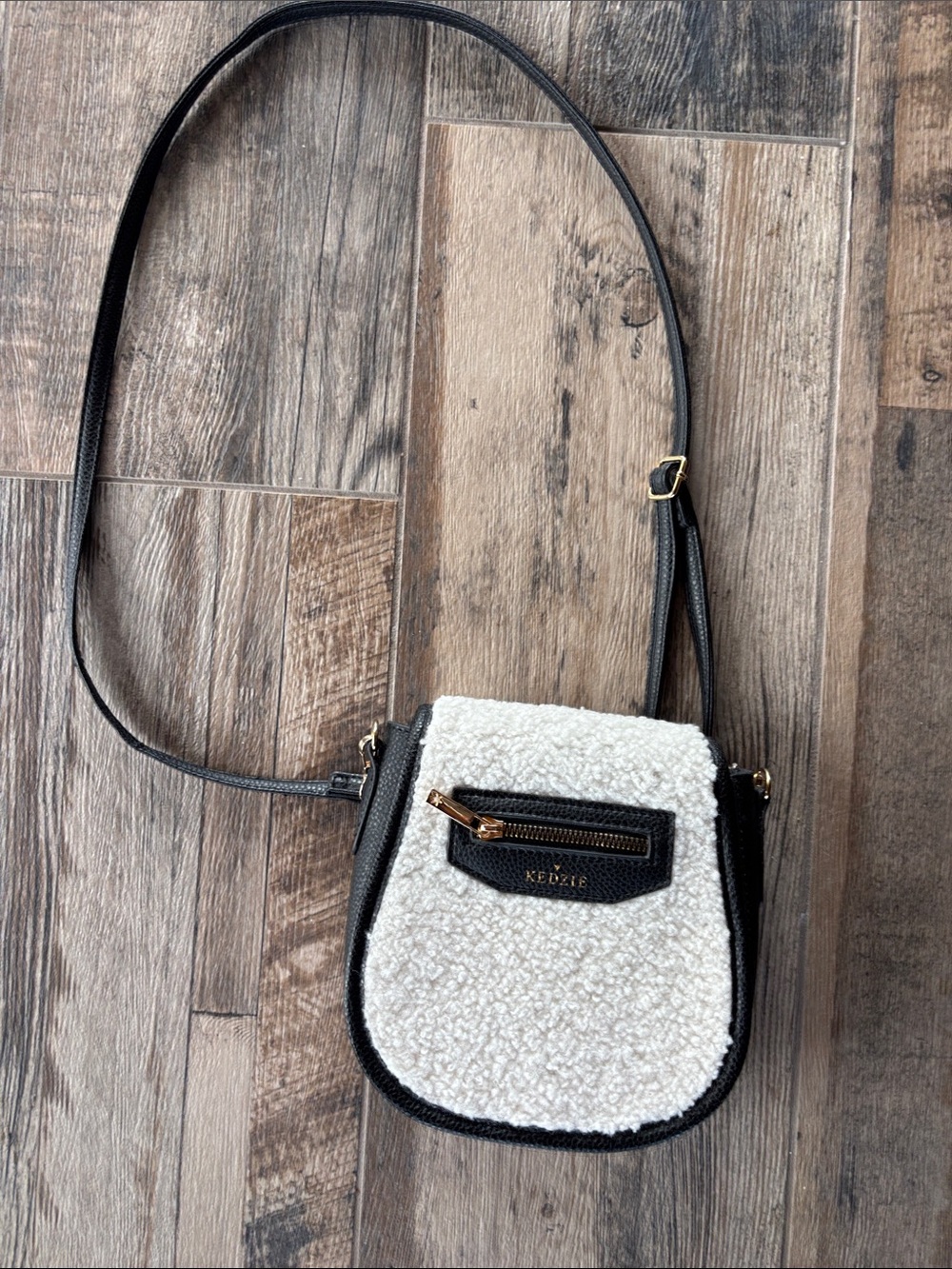 KEDZIE Cream Sherpa Crossbody with Black Trim and Gold Hardware
